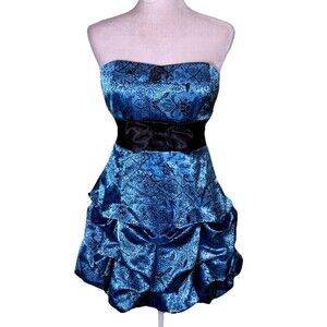 Y2K Blue Black Strapless Bubble Skirt Satin‎ Party Dress Bow Formal Mini Size 13